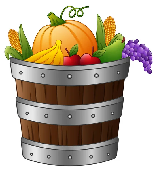 Wooden basket with harvest fruits and vegetables — Stock Vector