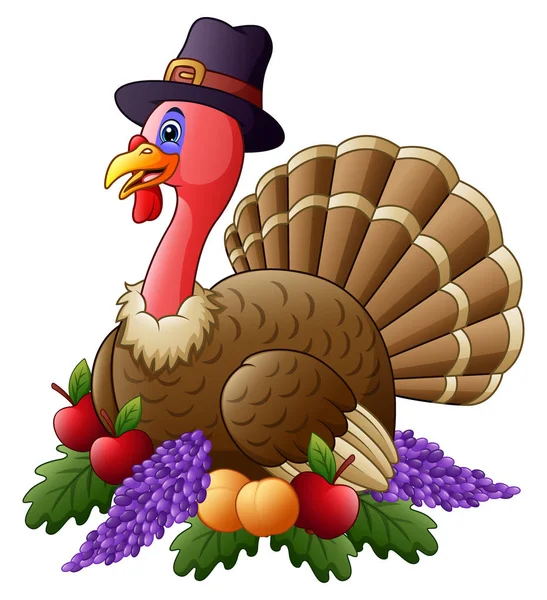 Feliz pavo de acción de gracias con frutas — Vector de stock