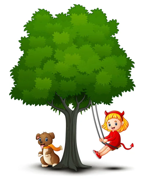 Dibujos animados chica diablo y perro jugar bajo el árbol — Archivo Imágenes Vectoriales