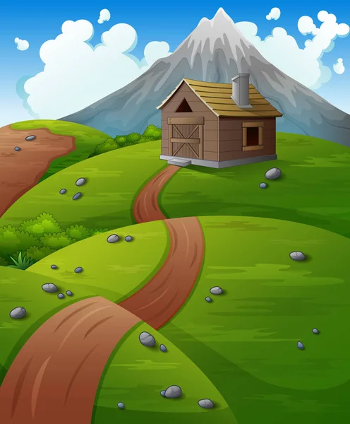Paisaje de montaña con cabaña de madera en las colinas — Vector de stock