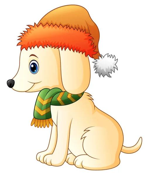 Tecknad hund bär en scarf och santa hatt — Stock vektor