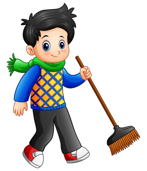 Cartoon boy holding a broom — Stock Vector