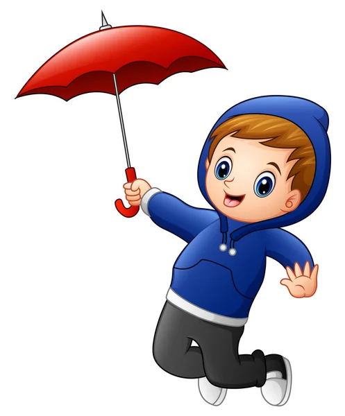 Little boy with red umbrella jumping — Stock Vector