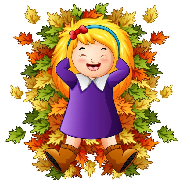 Glückliches kleines Mädchen, das mit Herbstblättern spielt — Stockvektor