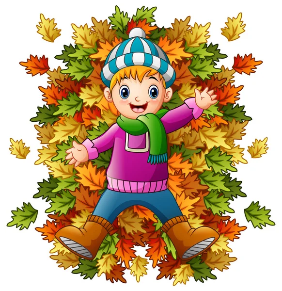 Šťastný chlapec hraje s podzimní listí — Stockový vektor