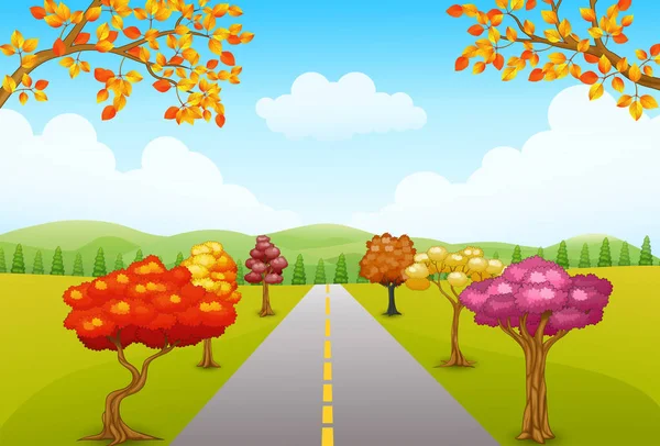 Paysage du parc d'automne avec route et arbres — Image vectorielle