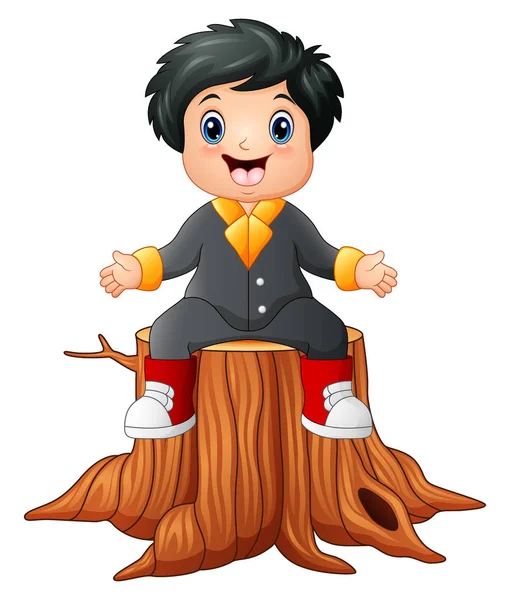 Dibujos animados niño feliz sentado en el tocón del árbol — Vector de stock