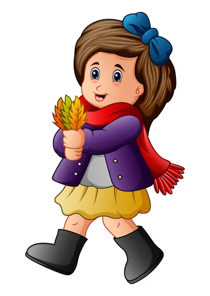 Sonbahar yaprakları tutan sevimli küçük kız — Stok Vektör