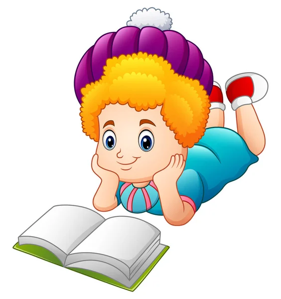 Cartone animato felice ragazza lettura libro — Vettoriale Stock