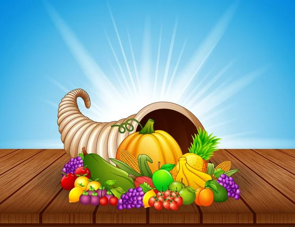 Hösten ymnighetshorn med grönsaker och frukter på träbord — Stock vektor