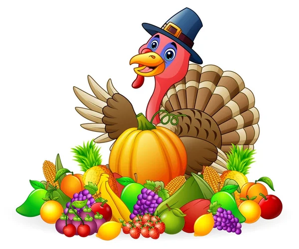 Kreslený pták Turecko šťastný poutník s ovocem a zeleninou — Stockový vektor
