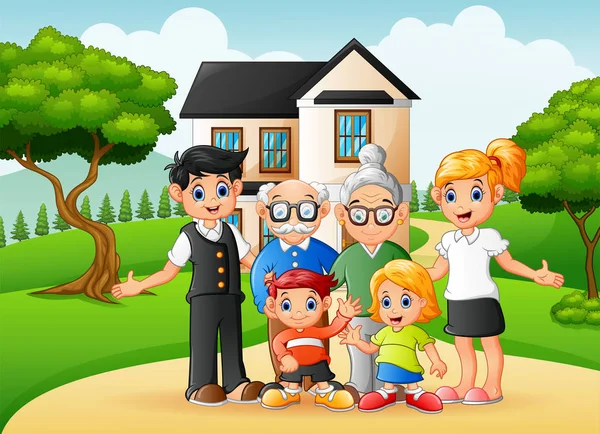 Cartoon happy family members in the front yard of the house — Stock Vector