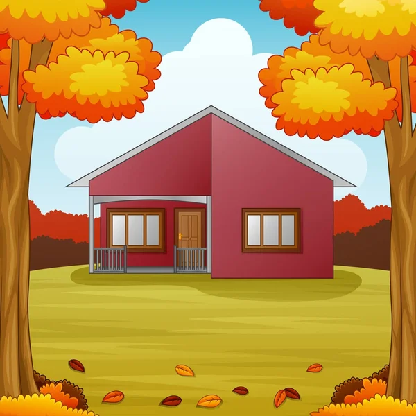 Φύλλα φθινοπώρου φόντο με κόκκινο σπίτι και πτώση — Διανυσματικό Αρχείο