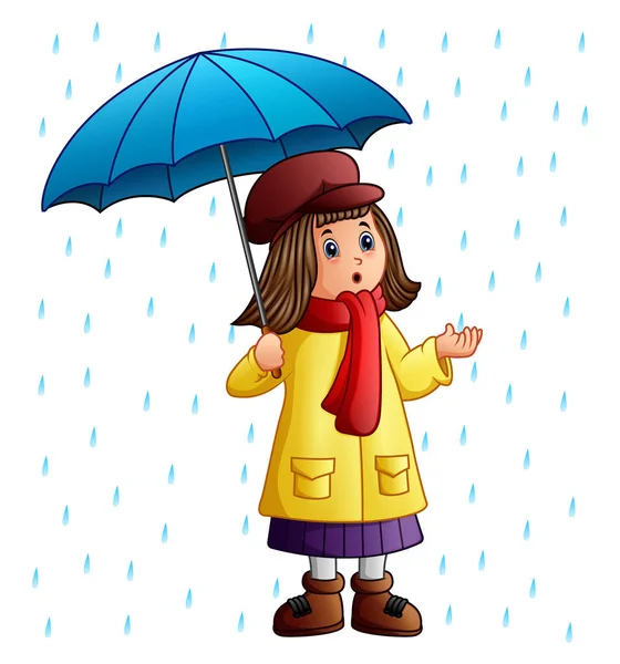 Cartoon girl with umbrella standing under the raindrops — Stock Vector