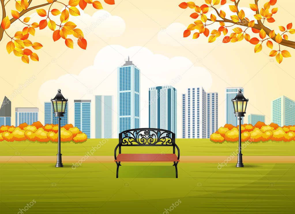 Beautiful autumn city park with town building background