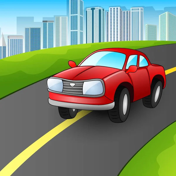 Cartoni animati auto rossa sulla strada urbana — Vettoriale Stock