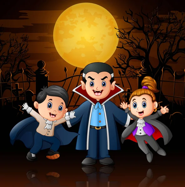 Divertido vampiro de dibujos animados en Halloween noche espeluznante fondo — Vector de stock