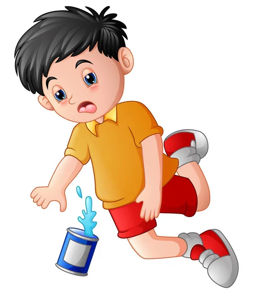 Cartoon boy falling down with cans — Stock Vector
