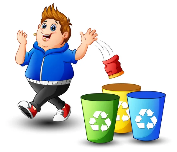 太った少年は、ゴミ箱にゴミをスローします。 — ストックベクタ