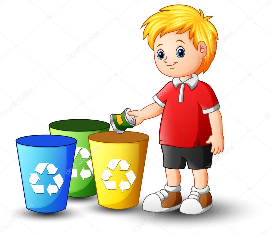 Boy putting aluminum in recycling bin