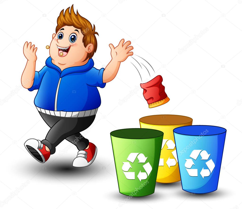 Fat boy throws garbage in the trash
