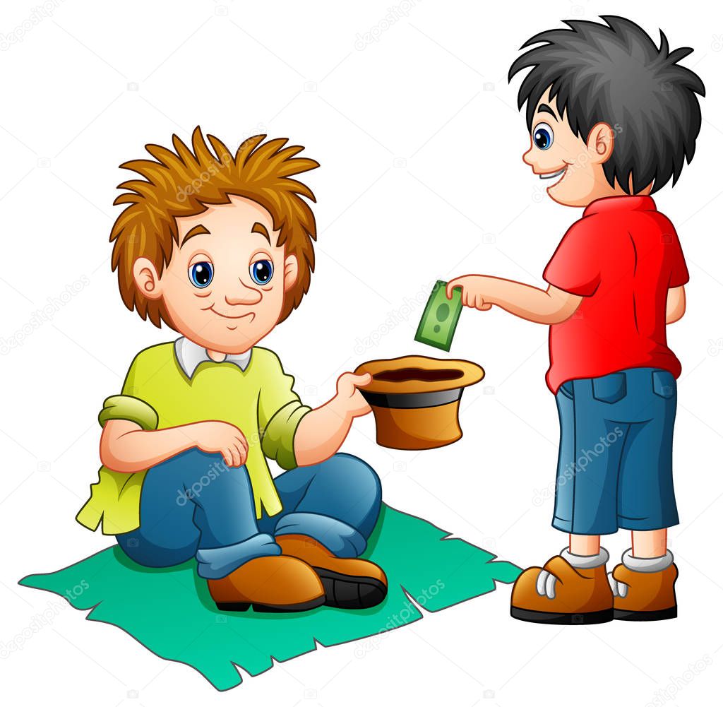 A boy give money to a beggar