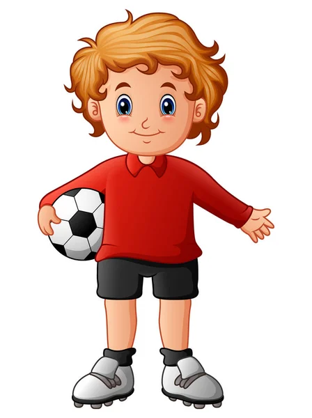 Dibujos animados niño sosteniendo pelota de fútbol — Vector de stock