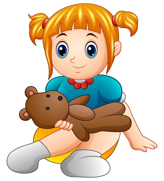 Petite fille assise avec tenant ours en peluche — Image vectorielle