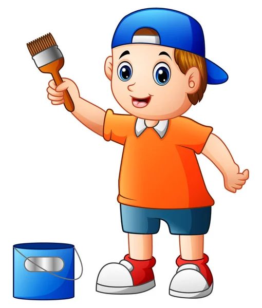 Little boy painting with paint brush — Stock Vector