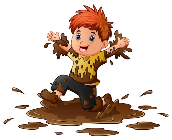 Little boy playing in the mud - Stock Illustration. 