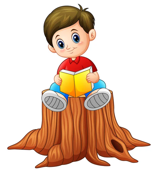 Niño leyendo libro sobre tocón de árbol — Vector de stock