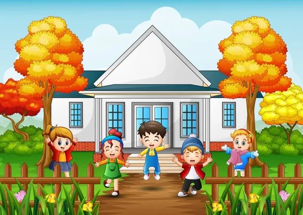 만화 행복 한 아이 들 앞에을 나무와 집 — 스톡 벡터