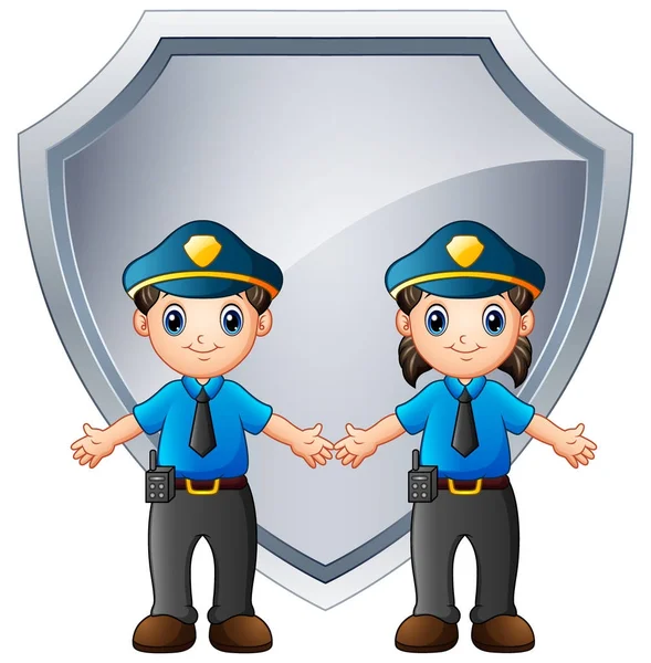 Oficiales de policía niños con escudo grande de metal — Vector de stock