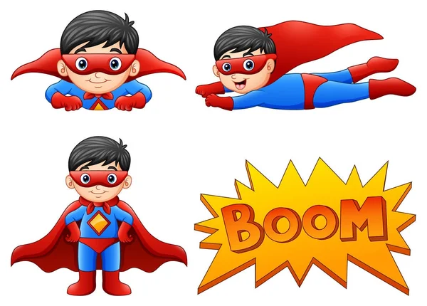 Conjunto de niño con trajes de superhéroe con pose diferente — Vector de stock