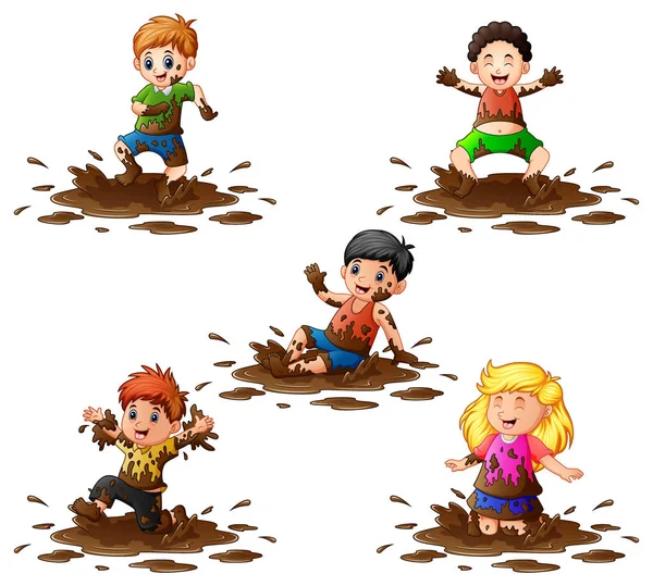 泥の中で遊ぶ子供たちのコレクション — ストックベクタ