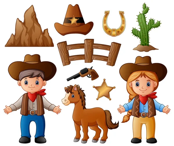 Cowboy dos desenhos animados e vaqueira com elementos selvagens do oeste —  Vetores de Stock