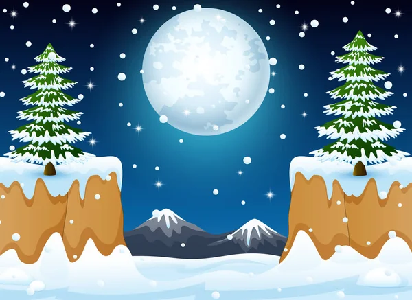 Нічний зимовий пейзаж зі сніговими пагорбами та горою — стоковий вектор