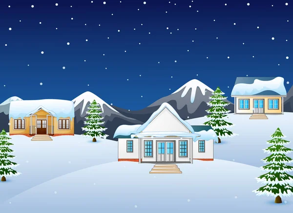 Vinter Nattlandskap med berg och snöiga hus — Stock vektor