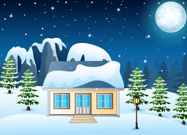 Nacht van de winter landschap met sneeuw bedekte huis en besneeuwde rotsen — Stockvector