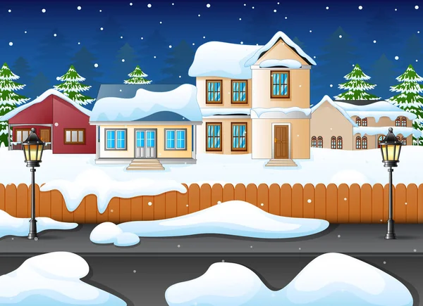 Téli éjszaka táj, a ház és a havas utcán — Stock Vector