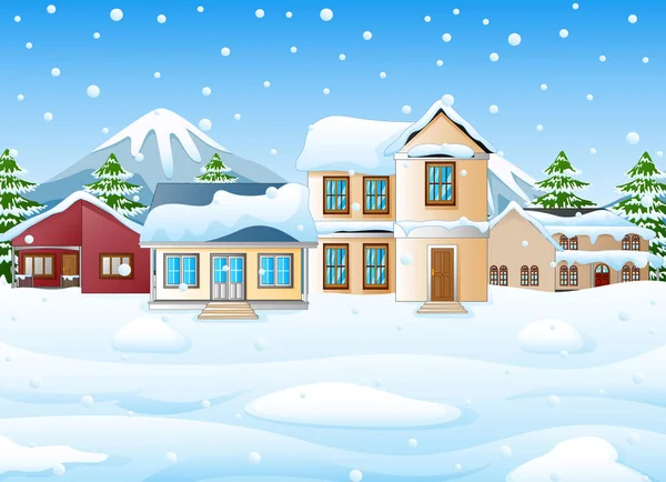 Téli táj, a hegyek és a havas-ház — Stock Vector