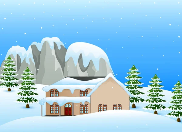 Зимний пейзаж со снежным домом и покрытыми снегом скалами — стоковый вектор