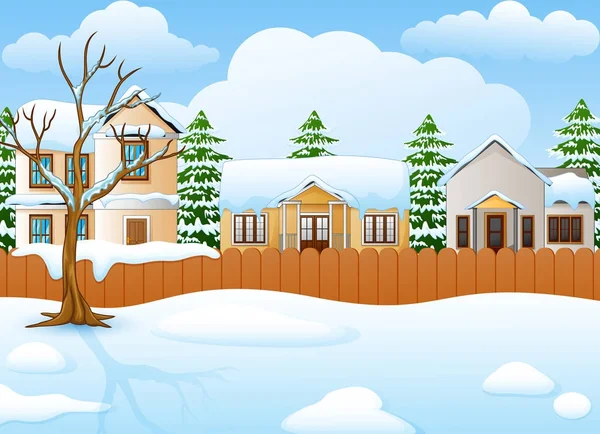 Χειμερινό τοπίο με χιονισμένο δέντρο σπίτι και έλατα — Διανυσματικό Αρχείο
