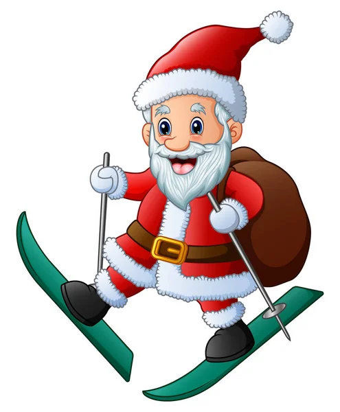 Esquí santa claus con bolsa de regalos — Vector de stock