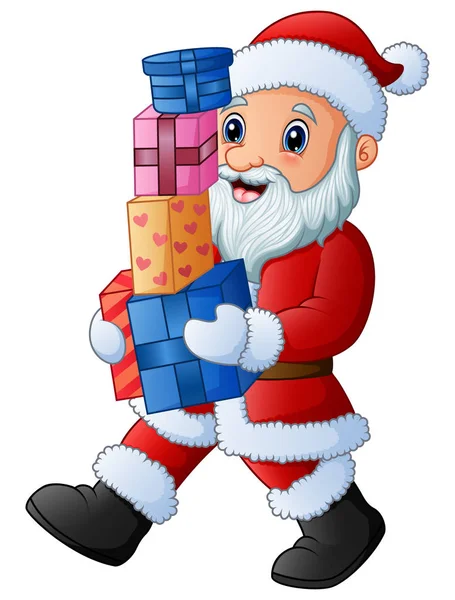 Caricatura santa claus celebración de pila de cajas de regalo — Vector de stock