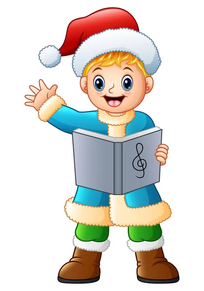 Щасливий хлопчик співає різдвяні колядки махаючи — стоковий вектор