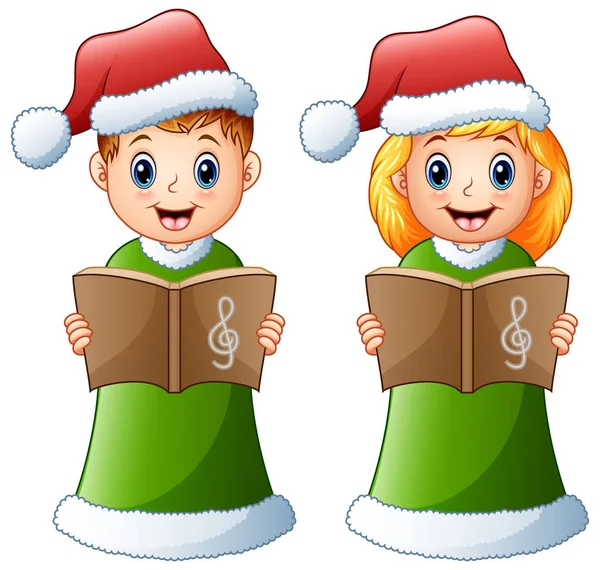 Bambini felici in costume da Babbo Natale verde che cantano canti natalizi — Vettoriale Stock