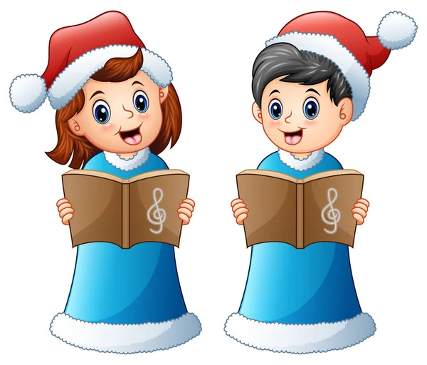 Bambini felici in costume da Babbo Natale blu che cantano canti natalizi — Vettoriale Stock