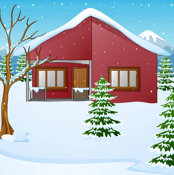 Χειμερινό τοπίο με χιόνι που καλύπτονται δέντρο σπίτι και έλατα — Διανυσματικό Αρχείο