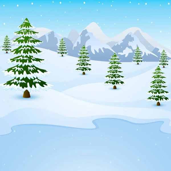 Paysage de montagne hivernal avec sapins et lac gelé — Image vectorielle
